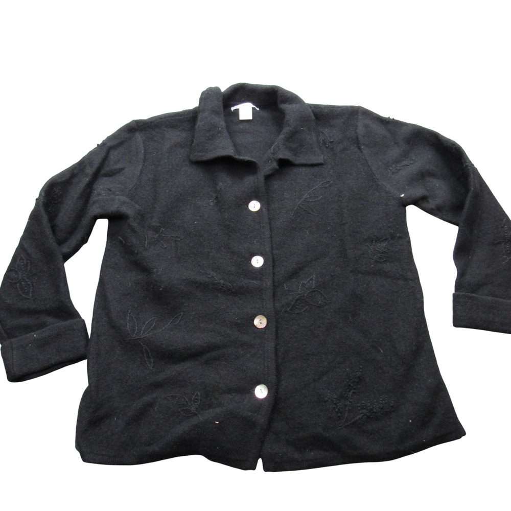 Jillian Jones Black Embroidered Wool Cardigan Sweater Button Front Womens Size L